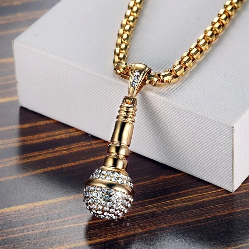 Discover the latest fashion with this pendant necklace featuring a trendy microphone shape. Suitable for both men and women, this bohemian crystal inlaid pendant adds a touch of style to any outfit. Complete your look with this unique accessory that showcases your love for music and fashion.