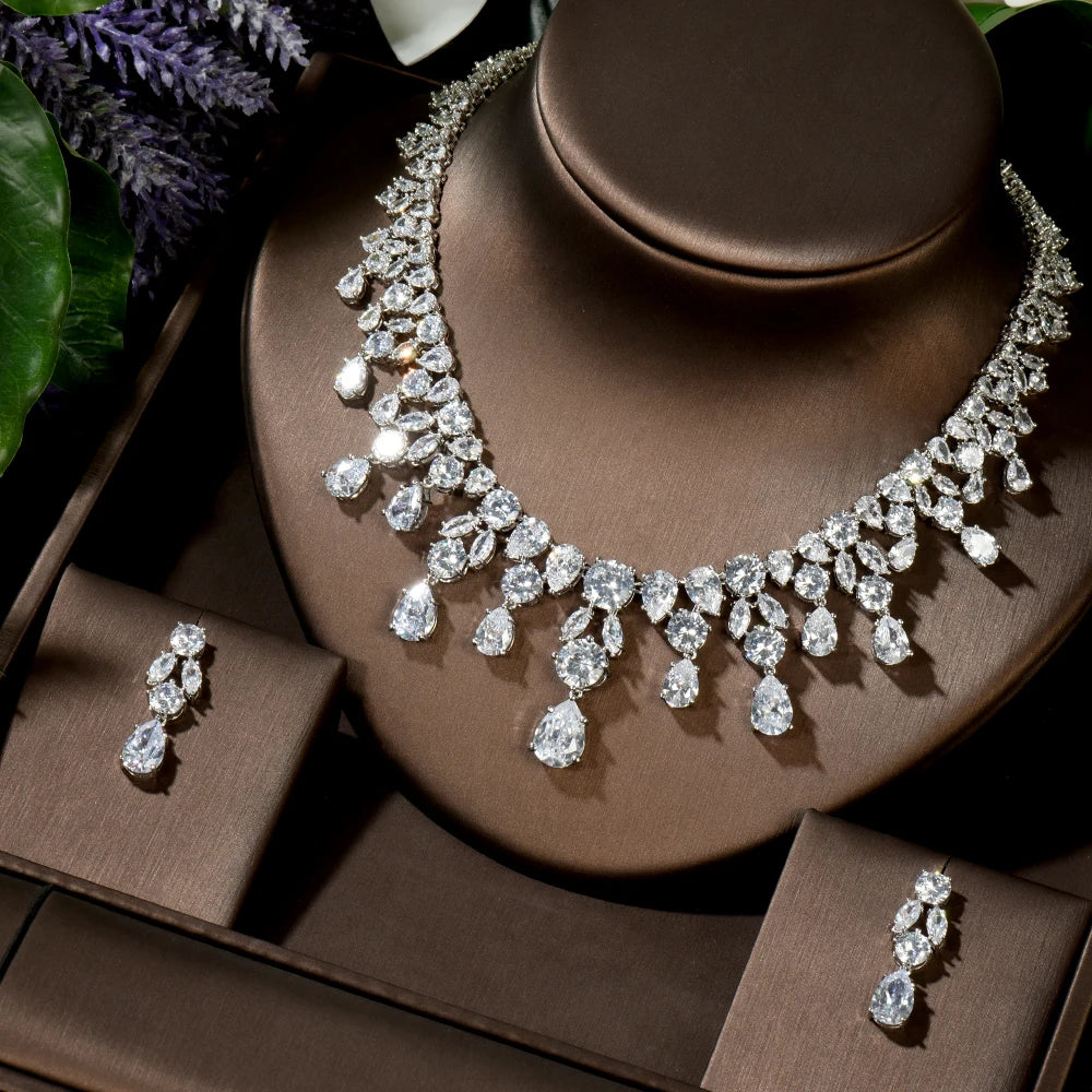 Luxury Wedding Jewelry Nigerian Design Cubic Zirconia Large Bridal Choker Necklace Earrings Sets For Women bijoux N-1454