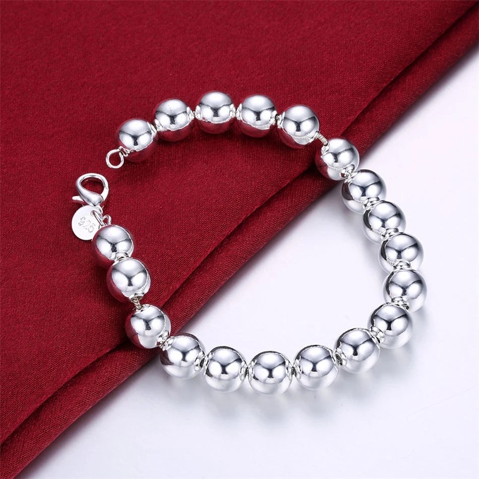 925 Sterling Silver 10mm Hollow Bead Ball Earring Bracelet Necklace Set For Woman Wedding Engagement Charm Jewelry