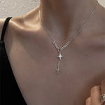 925 Sterling Silver Four-Pointed Star Necklace Simple Clavicle Chain Shiny Zircon Tassel Cross Pendant Party Wedding Jewelry