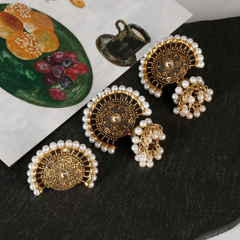 Bohemia Indian Jewelry Sets Bollywood Bridal Gold Color Earrings Ring Pearl Wedding Sieraden Women Fashion Jewellery Set