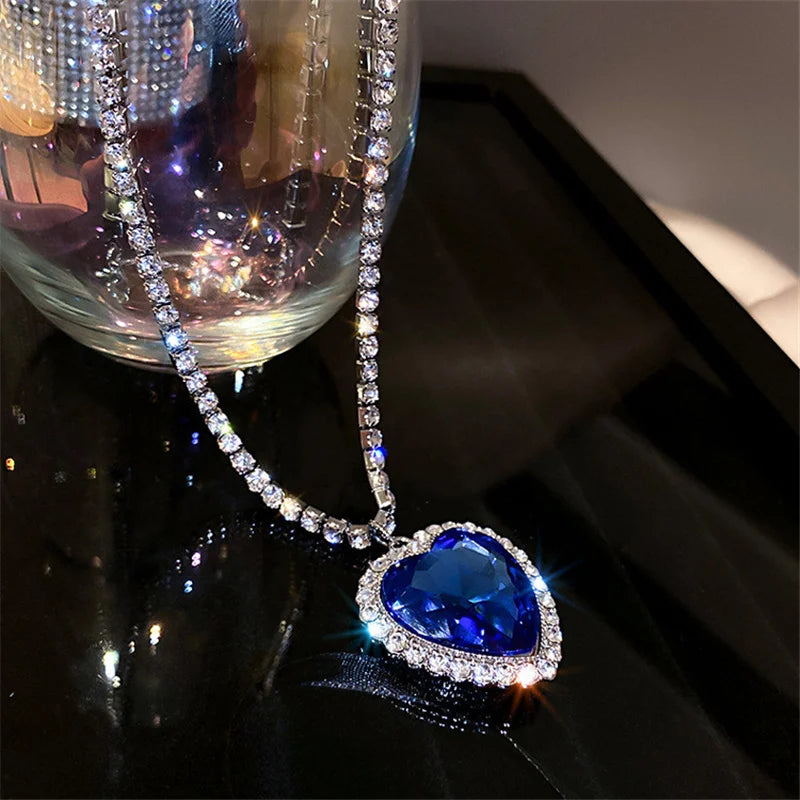 Big Blue Heart Crystal Necklaces for Women Long Chain Pendant Necklaces Statement Jewelry