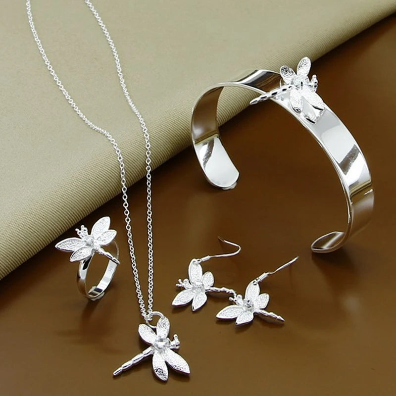 New Style 925 Sterling Silver AAA Zircon Dragonfly Necklace Earrings Ring Bracelet Set For Female Engagement Party Wedding Fashion