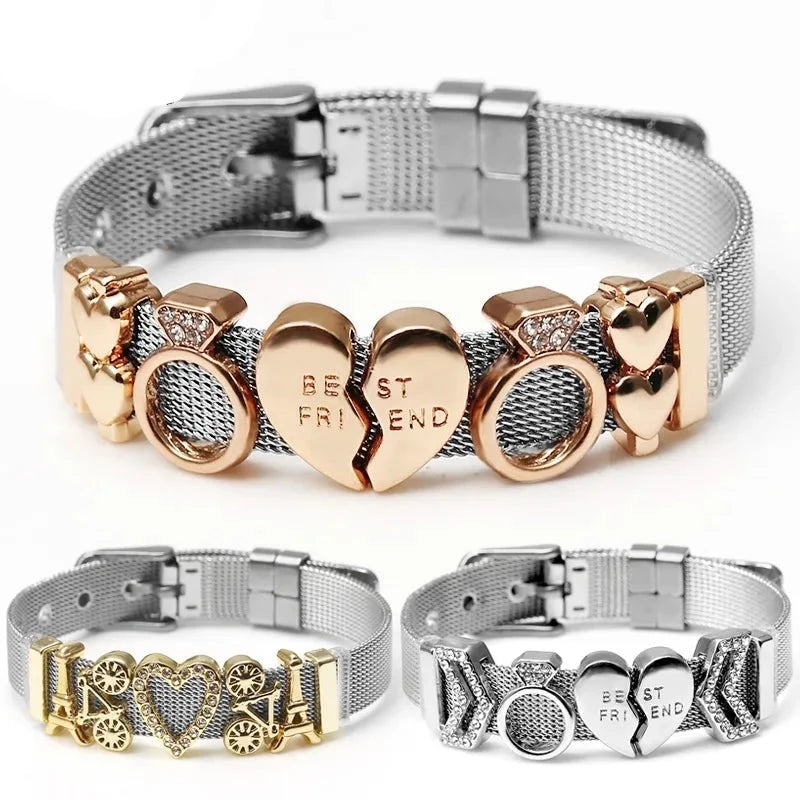 Silver Color Stainless Steel Mesh Watch Belt Bracelets For Women Men Couple Rose Gold Plated Lover Heart Charm Bracelet Bangle
