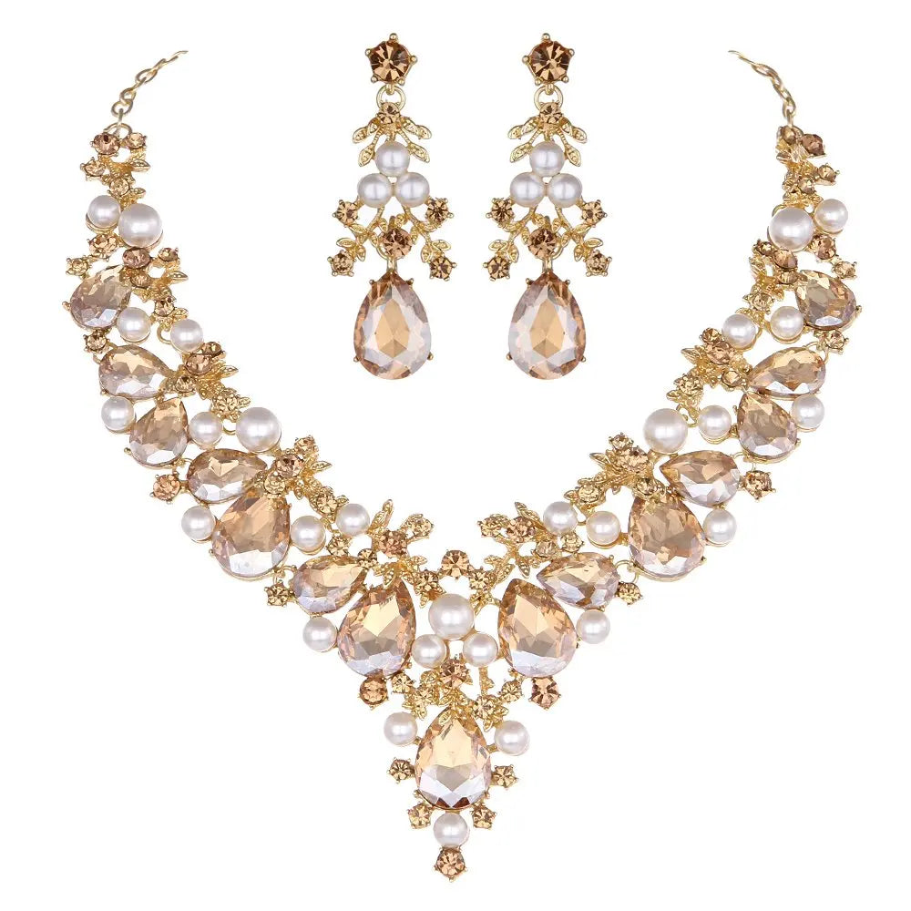 Delicate Shining AB Crystal Simulated Pearl Jewelry Set Women Wedding Dress Necklace Earrings Bridal Party Jewellery Accessories