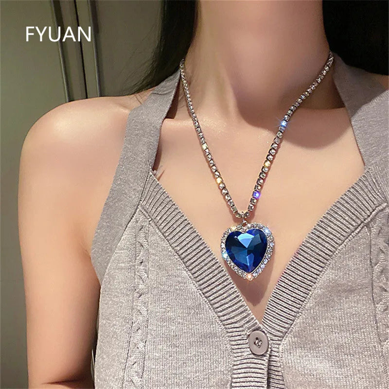 Big Blue Heart Crystal Necklaces for Women Long Chain Pendant Necklaces Statement Jewelry