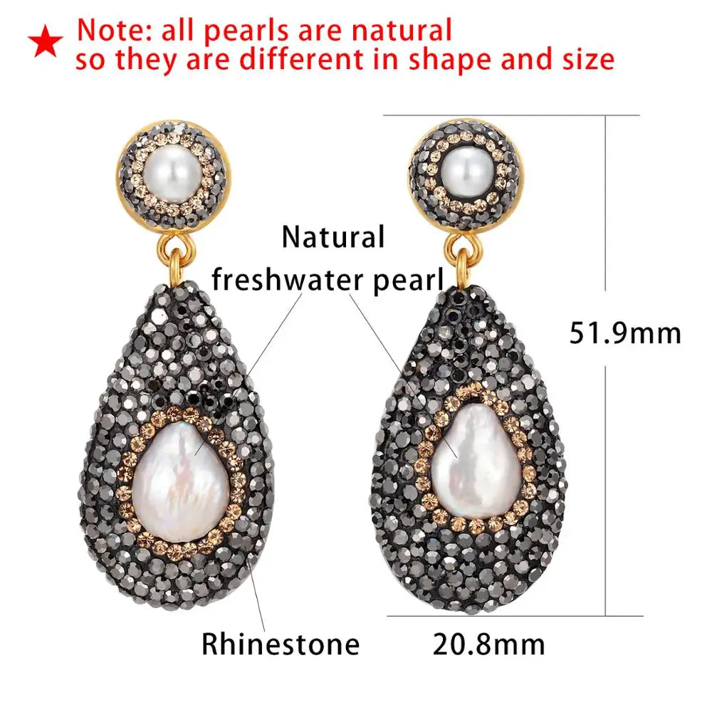 Classic Drop Fresh Water Pearl Earrings Women Jewellery Set Fashion Black Rhinestone Inlaid Pearl Necklace 2020 Wedding Jewelry