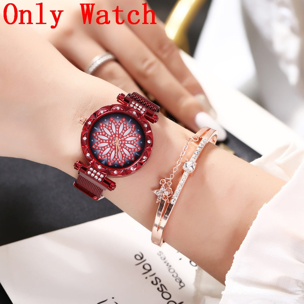 Lucky Flower Luxury Ladies Rhinestone Watches Bracelet Set