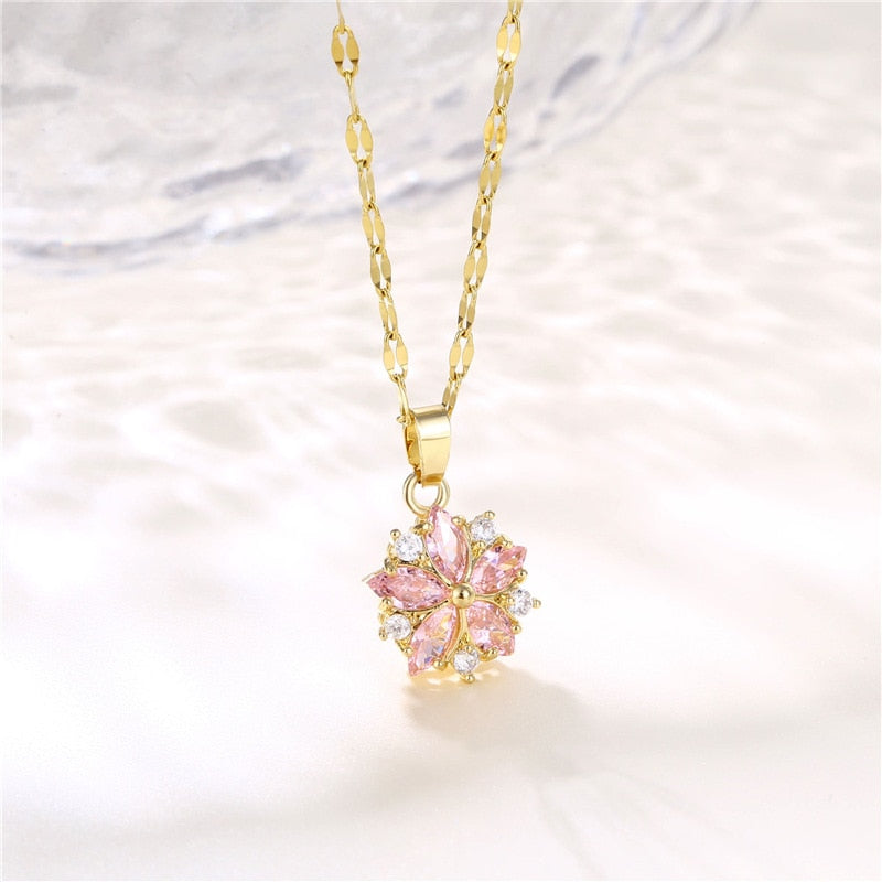 Pink Crystal Sakura Pendant Necklace