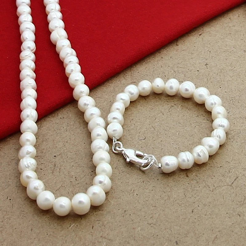 New 8mm Natural Pearl Beaded Chain 925 Silver Clasp Necklace Bracelet Set For Women'S Wedding Engagement Party Jewelry