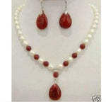 Set of White Pearl Red jade Necklace Earring Fashion Wedding Party Jewellery