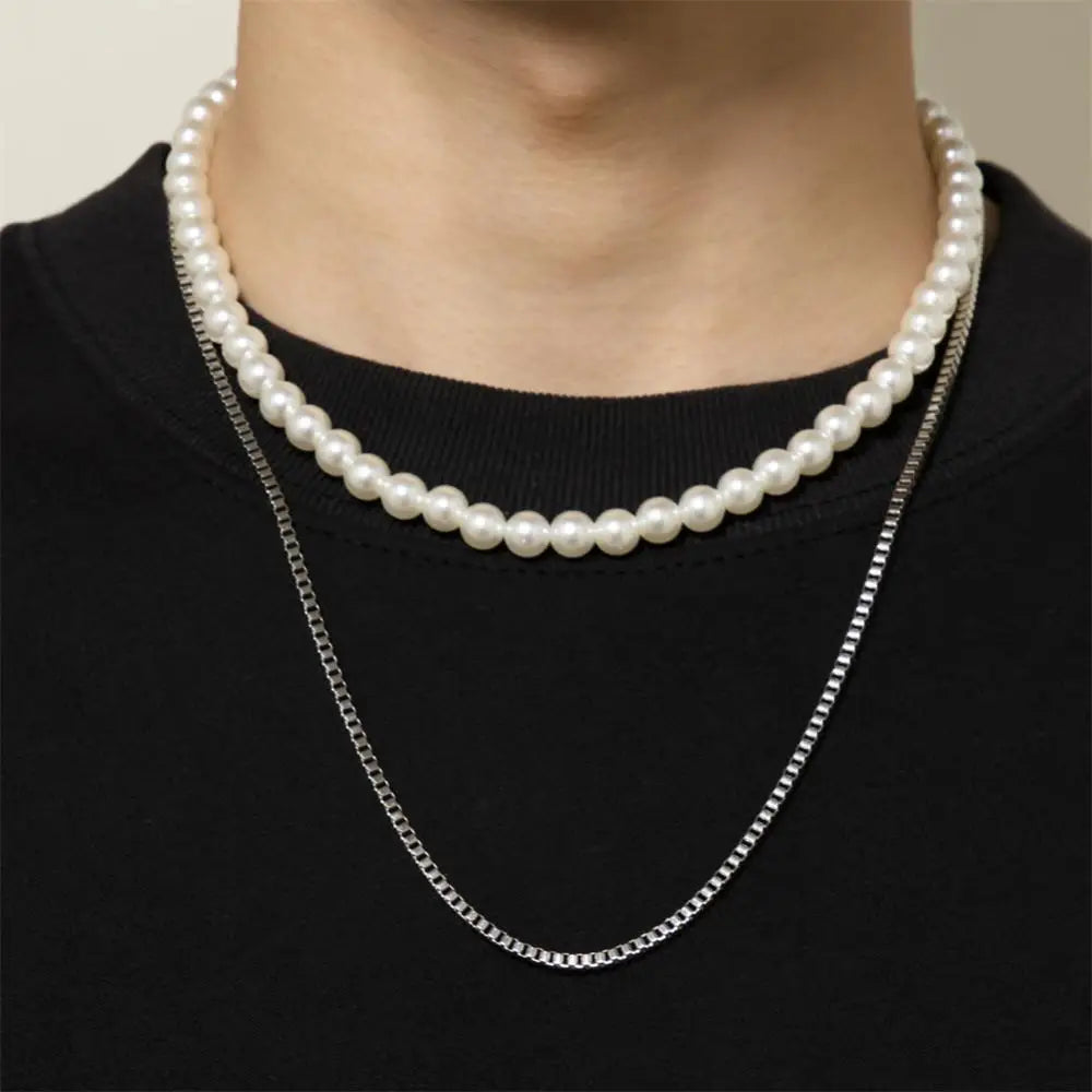 New Fashion Imitation Pearl Necklace Men Handmade Multiple Width Stainless Steel Cuban Chain Necklace For Men Jewelry