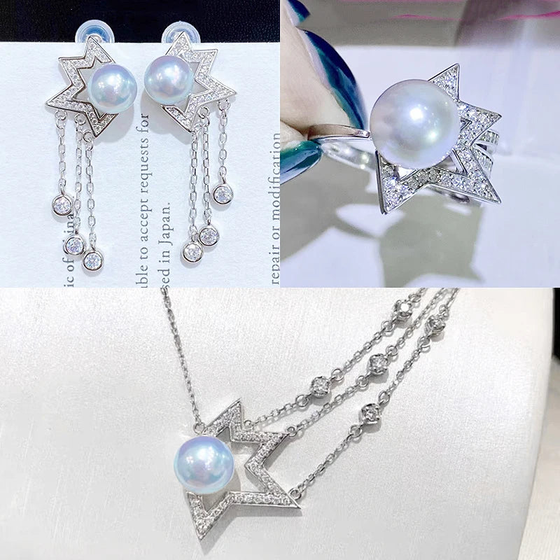 Real 925 Silver Star Earrings & Necklace & Ring Fine Wedding Jewelry Sets For Women Natural Big Pearl Suit