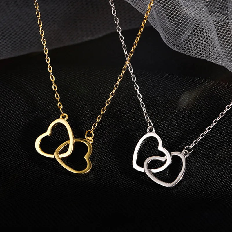 2024 Double Heart Pendant Necklace for Women Couple Choker Gold Silver Color Chain Wedding Party Friends Jewelry Gift