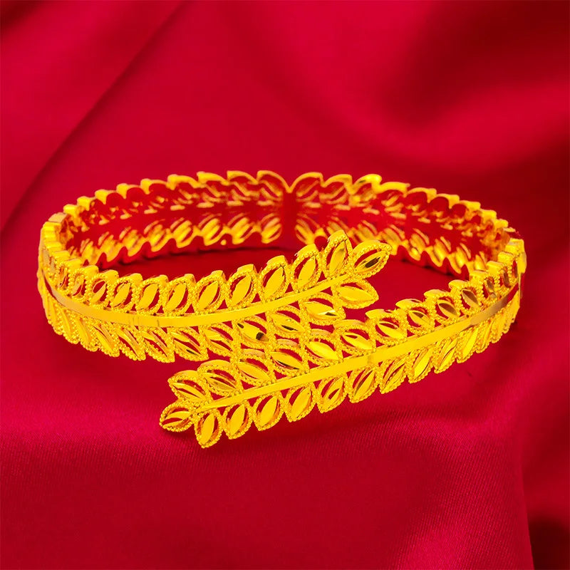 Luxury Dubai Gold Color Woman Bracelet Wedding Cuff Bracelet Female Bridal Designer Flower Bangles with Ring For Women