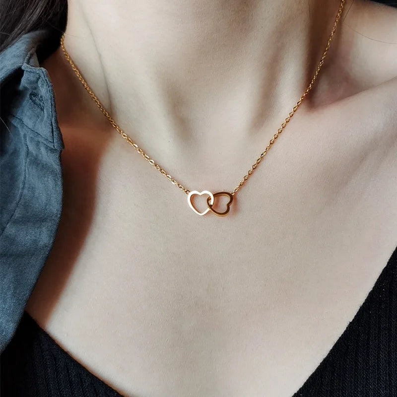 2024 Double Heart Pendant Necklace for Women Couple Choker Gold Silver Color Chain Wedding Party Friends Jewelry Gift