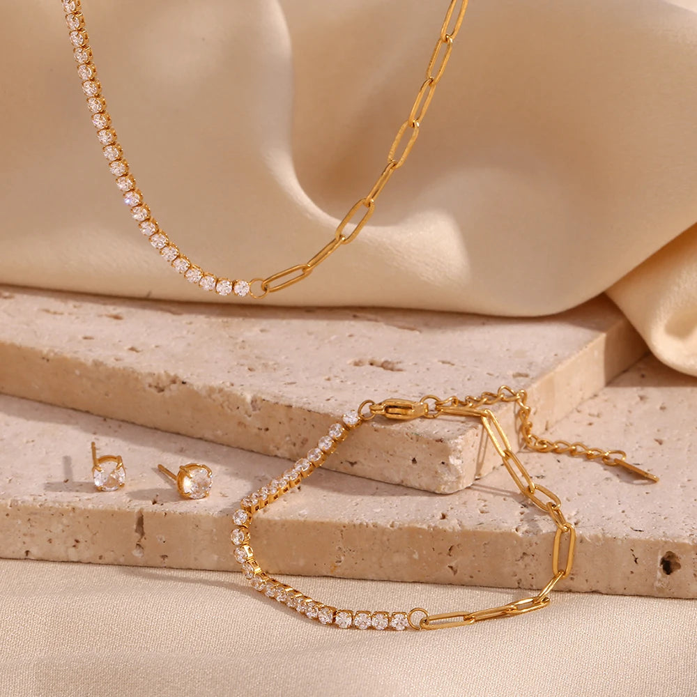 Zircon Chain Splicing Paper Clip Bracelet 18K Gold Plated Women's Earrings 316L Stainless Steel Accessories