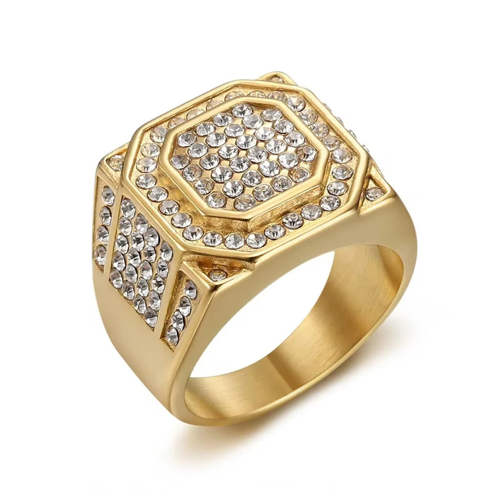 Hip Hop Iced Out Bling CZ Ring Male Gold Color Stainless Steel Zircon Geometry Rapper Rings for Men Fashion Jewelry Gift 2025