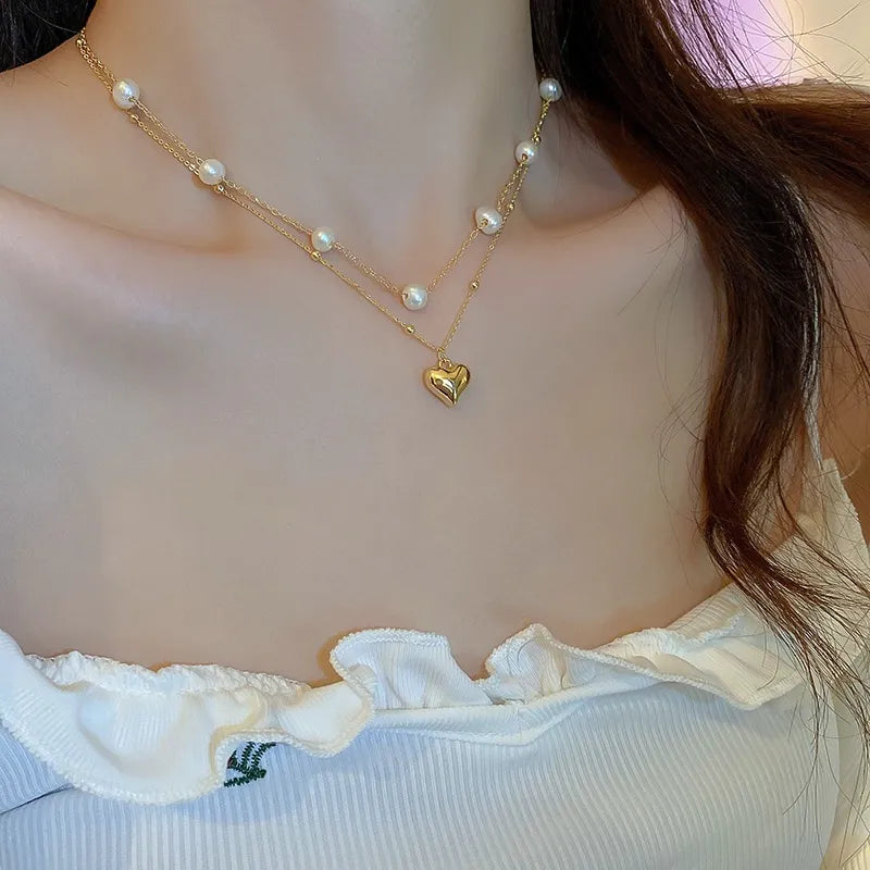 Fashion Unique Design Elegant and Exquisite Double-layer Pearl Love Pendant Necklace Women Jewelry Wedding Party Premium Gift