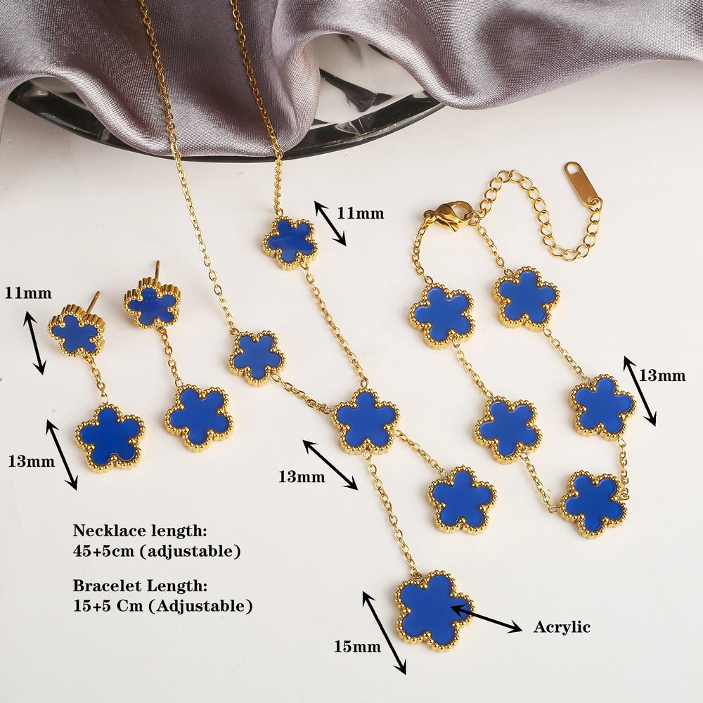 Hot Selling Plum Blossom Plant Five Leaf Flower Jewelry Set Bracelet Necklace Earrings Women Stainless Steel High Quality Clover