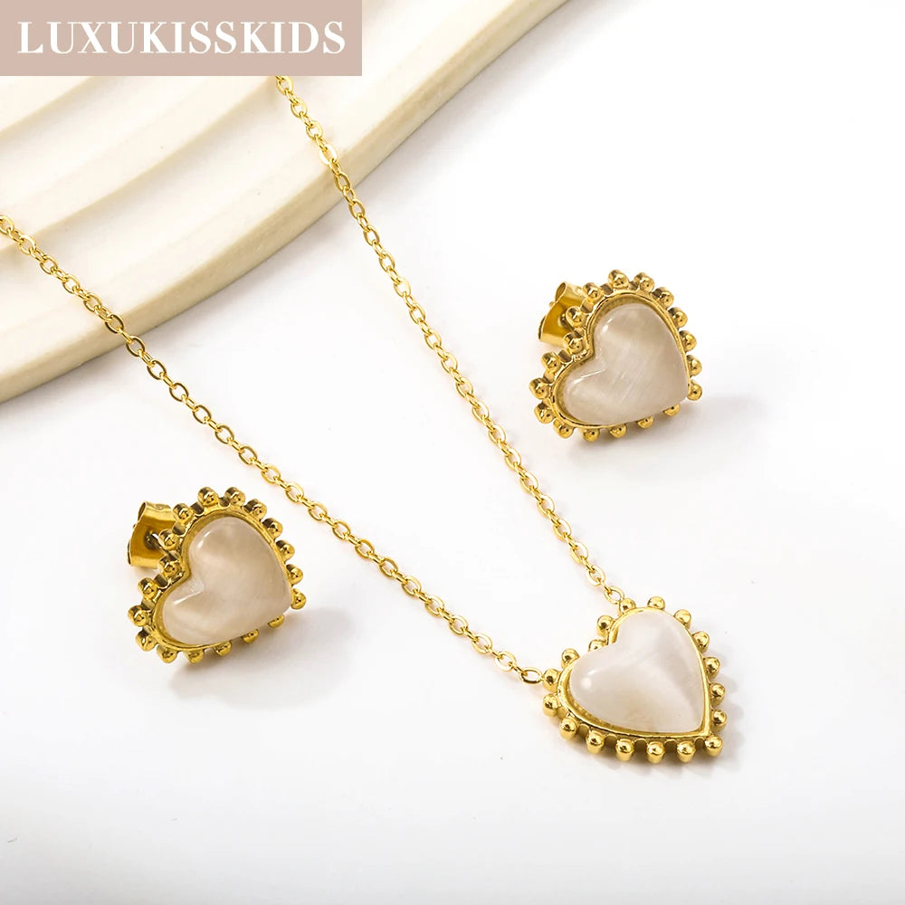 Korean Large Heart Jewelry Set Opal Red/Black Stone Love Pendant Necklace Earrings Steel Jewellery Valentine Gifts