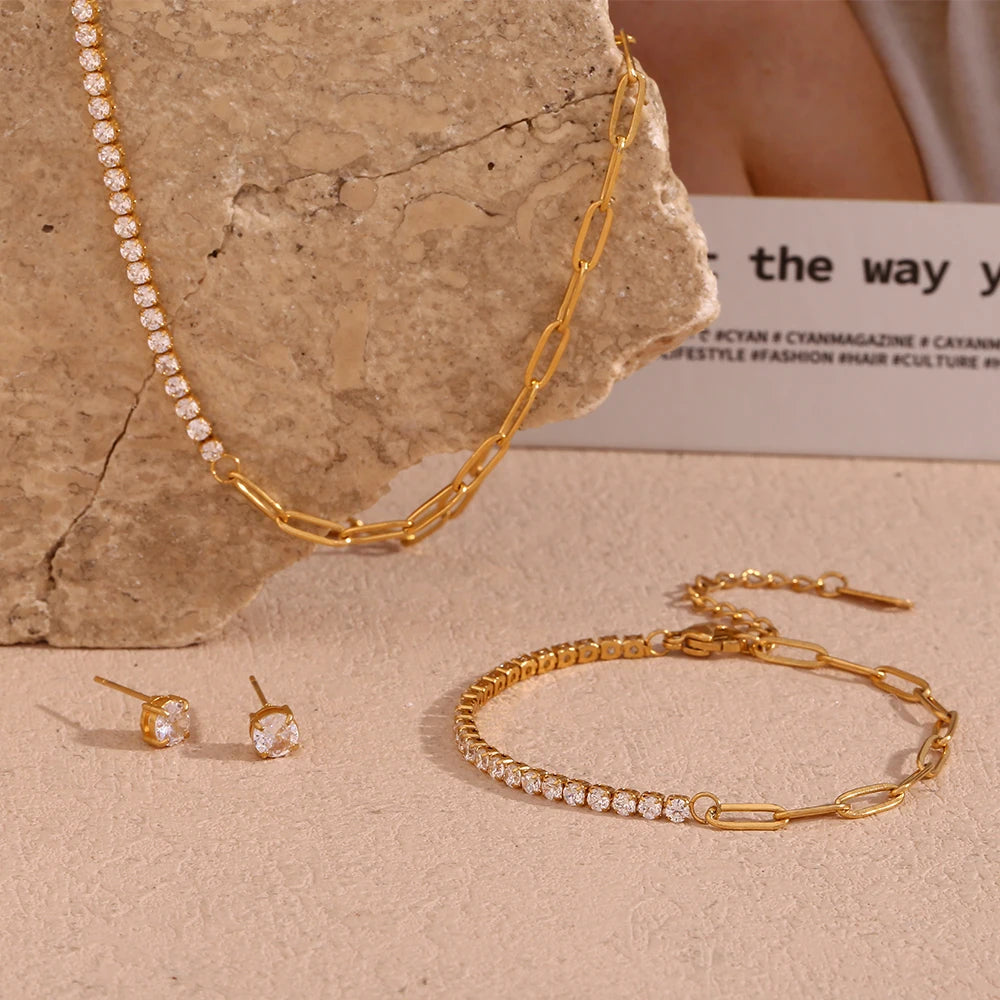 Zircon Chain Splicing Paper Clip Bracelet 18K Gold Plated Women's Earrings 316L Stainless Steel Accessories
