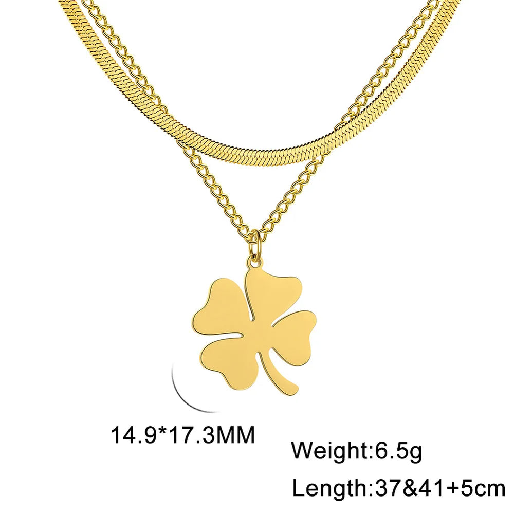 2025 Lucky Clover Pendant Necklace Stainless Steel Gold Color Double Layer Chain Necklaces for Women Girls Jewelry Gift