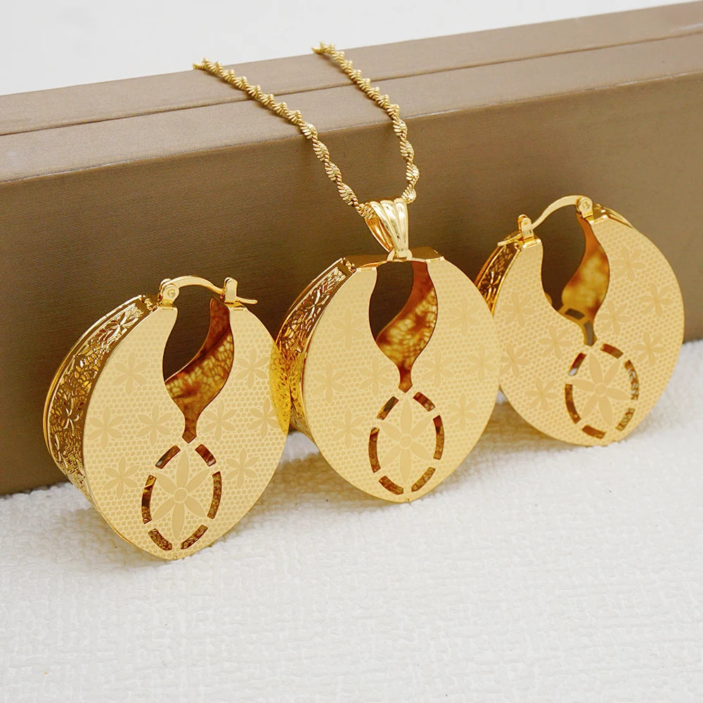 Fashion Dubai Jewelry Sets Gold Color Pendant Copper Classic Earrings Necklace For Women Daily Wear Party Anniversary Gifts