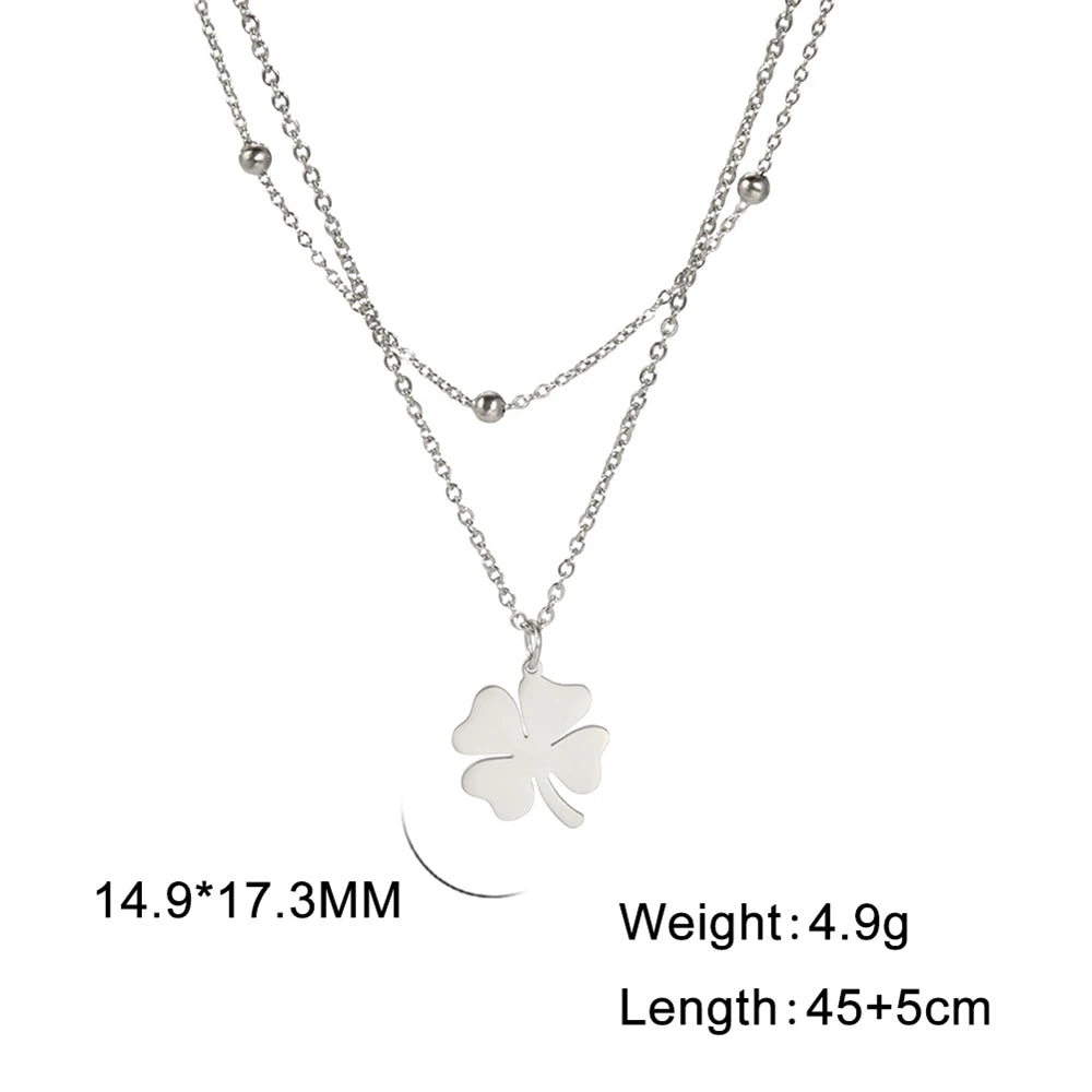 2025 Lucky Clover Pendant Necklace Stainless Steel Gold Color Double Layer Chain Necklaces for Women Girls Jewelry Gift