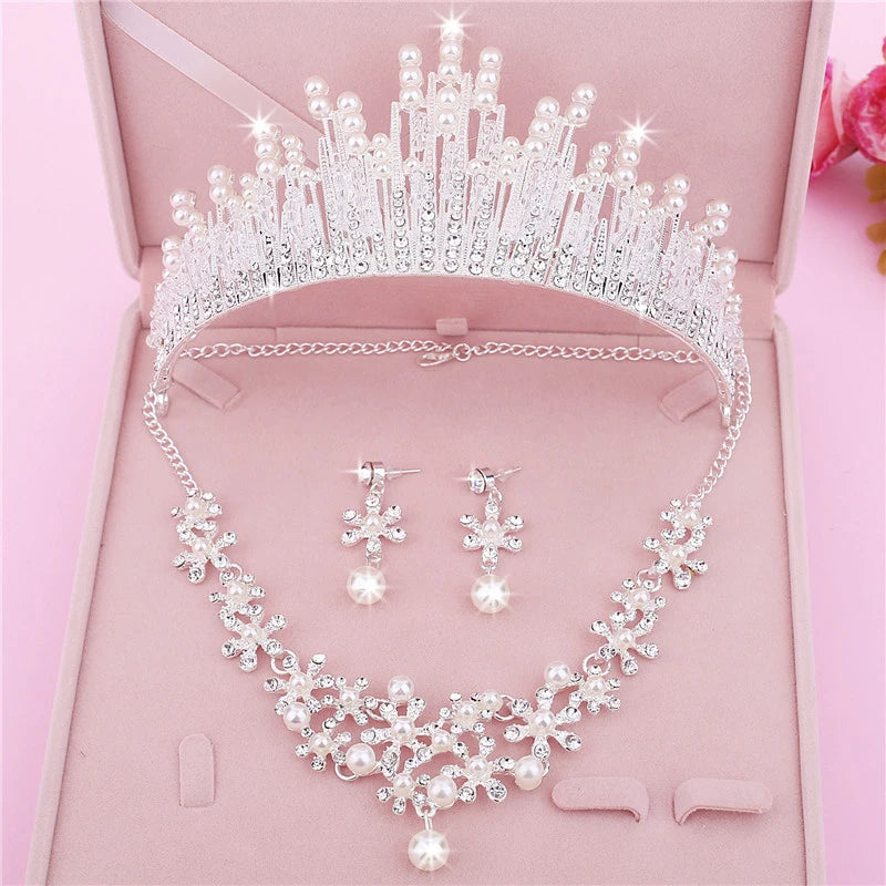 Wedding Jewelery Set Rhinestone Jewellery Necklace Sets for Women Crystal Pearl Earrings Bridal Jewelry Sets Crown Tiara Bride