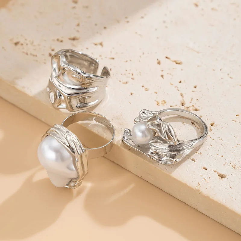 New 3Pcs/set Gold Color Irregular Pearl Open Rings Set for Women Exaggerated Vintage Metal Folds Thick Chunky Ring Jewelry Gifts