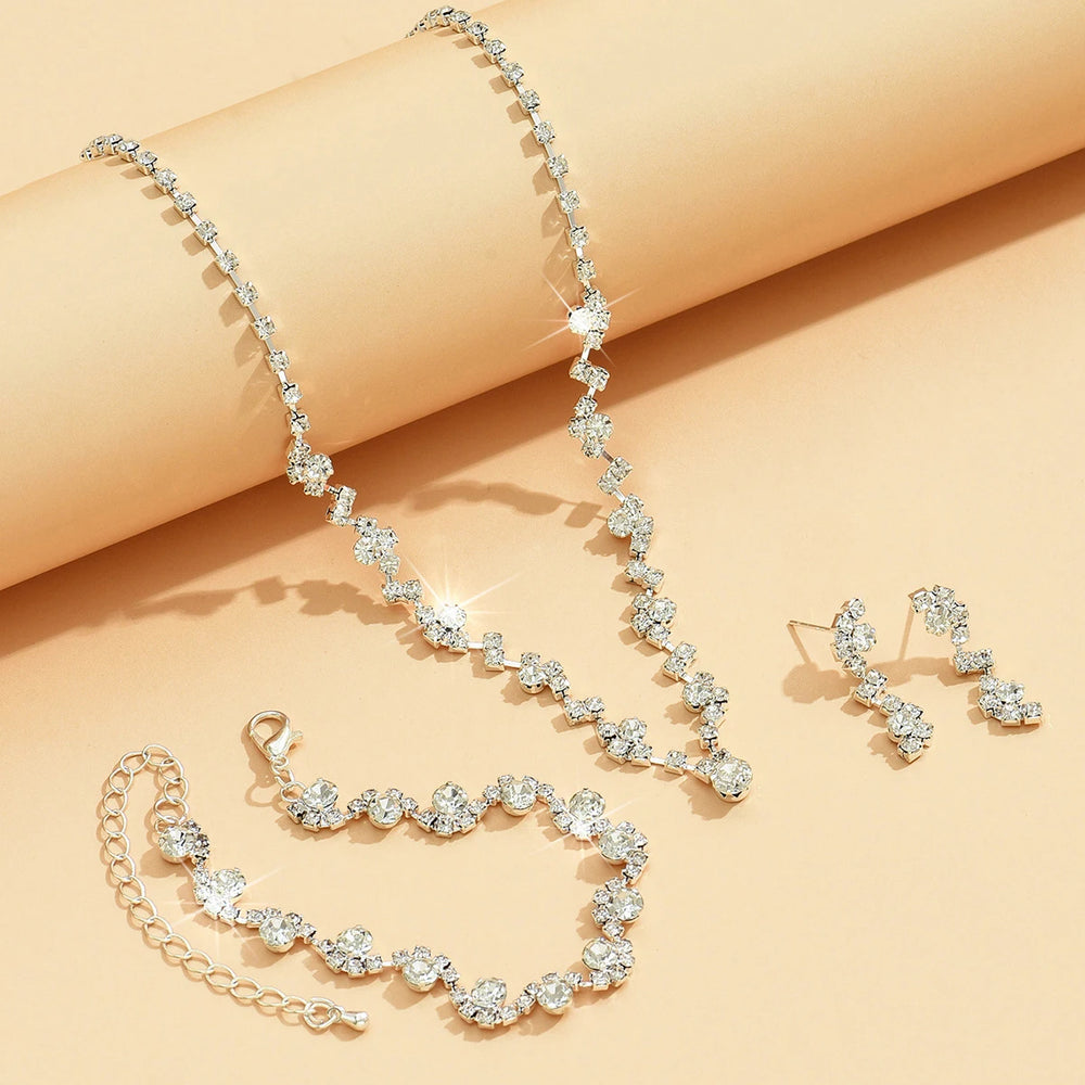 Simple silver color Rhinestones Wedding Jewelry Sets for Women Crystal Necklace Earrings Bracelet Bridal Jewelry Sets