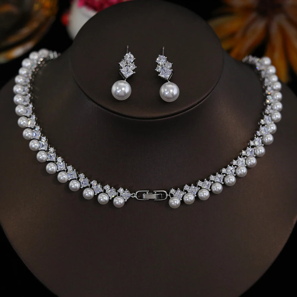 Elegant White CZ Wedding Accessories for Women Brides Classic Round Pearl Necklace and Earrings Costume Jewelry Sets X0482