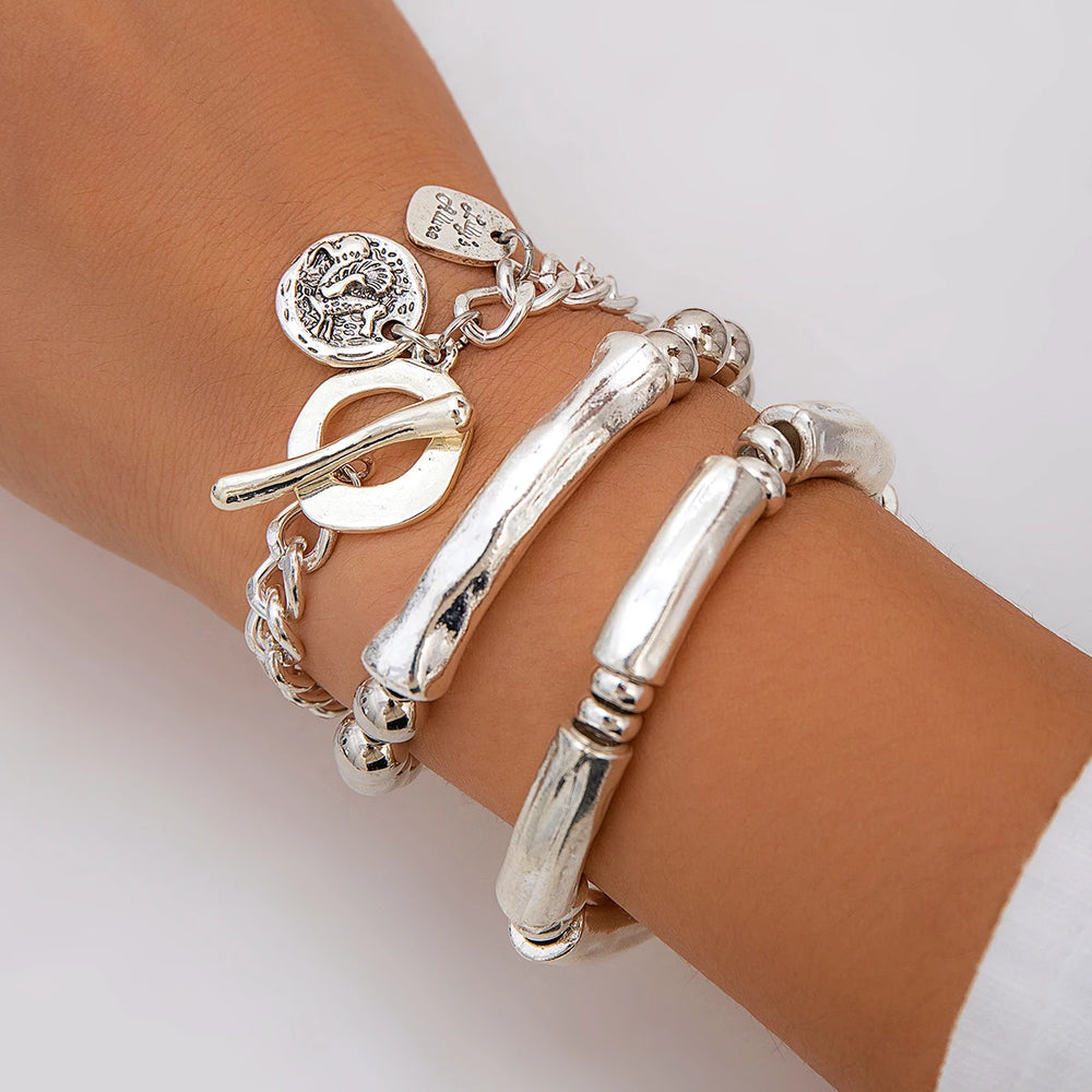 4Pcs/Set Vintage OT Buckle Coin Pendant Bracelet for Women on Hand Goth Open Charm Bangles Couple Friends Jewelry Gift