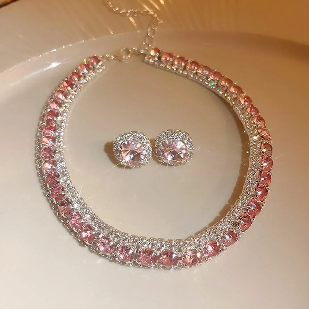 Luxury Crystal Necklace Earrings Set Champagne Green Blue Black Necklace for Women Weddings Party Jewelry Sets Accessories