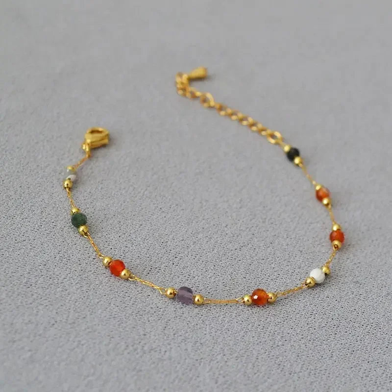 Colourful Beads String Natural Stone Bracelets Bohemia Titanium Steel Collarbone Chain Necklace Vintage Jewelry Sets for Women