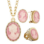 6 Colors Lady Queen Cameo Necklace Earring Ring Sets For Women Gold Color Pink Blue Gray Fashion Flower Cameo Jewelry Set