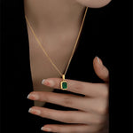 316L Stainless Steel Gold Plated Emerald Zirconia Geometric Square Pendant Necklace For Women Girls Temperament Jewelry