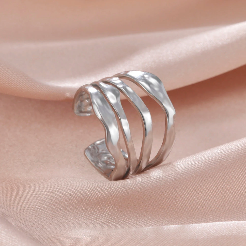 Women Irregular Wave Geometric Rings 2025 Fashion Stainless Steel Gold Color Adjustable Minimalist Finger Ring Jewelry