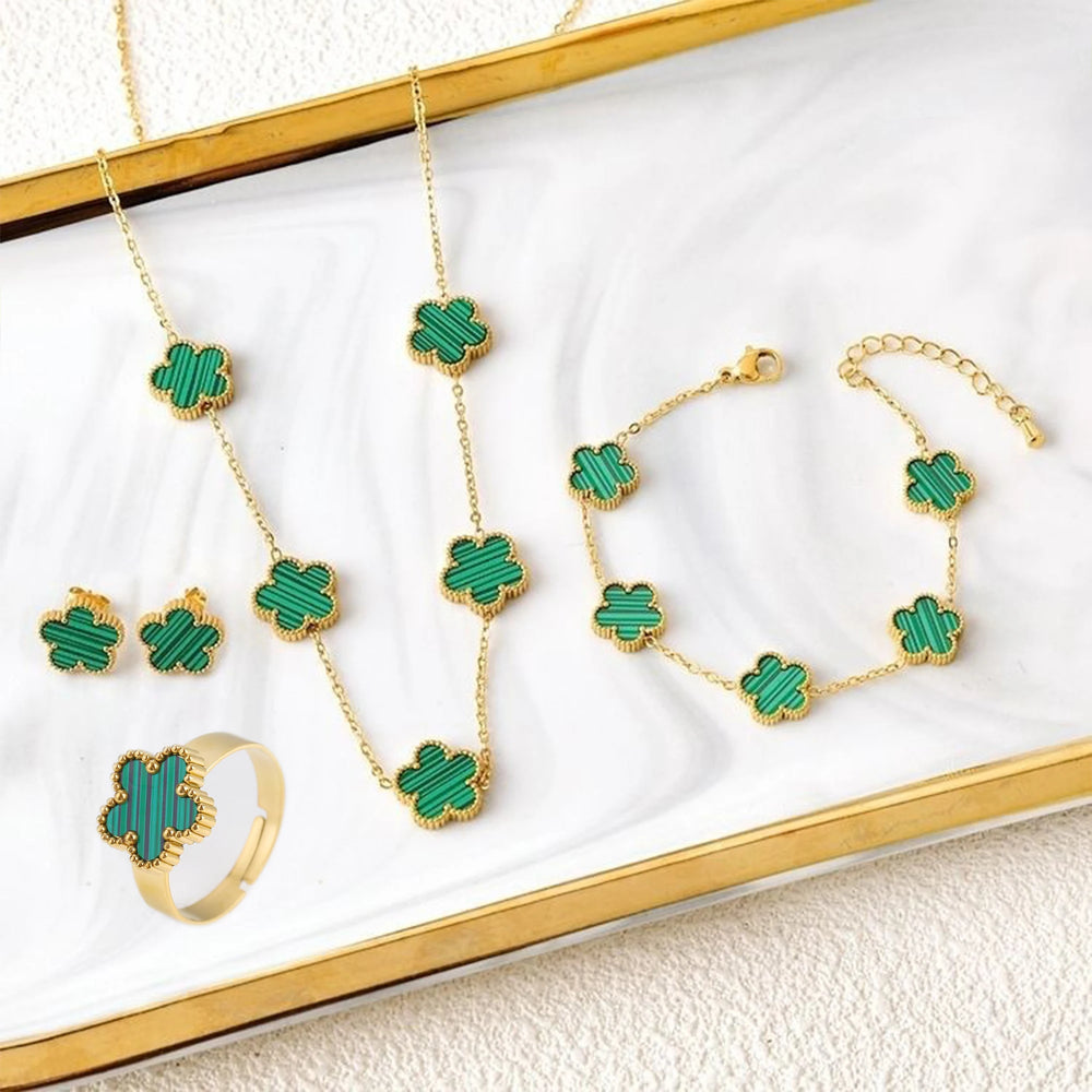 New Luxury Stainless Steel Five Leaf Flower Bracelet Necklace Earrings Ring Jewelry Set Classic for Woman Party Fashion Jewelry