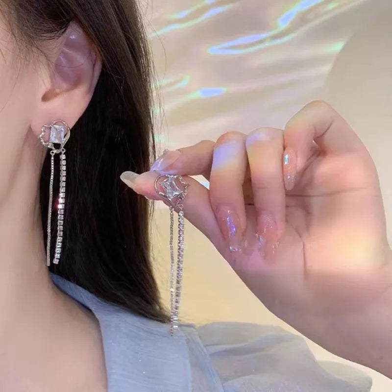 New Fashion White Square Rhinestone Zircon Double Pendant Gold Color Earrings for Women Unique Design Girls Trend Jewelry Gift