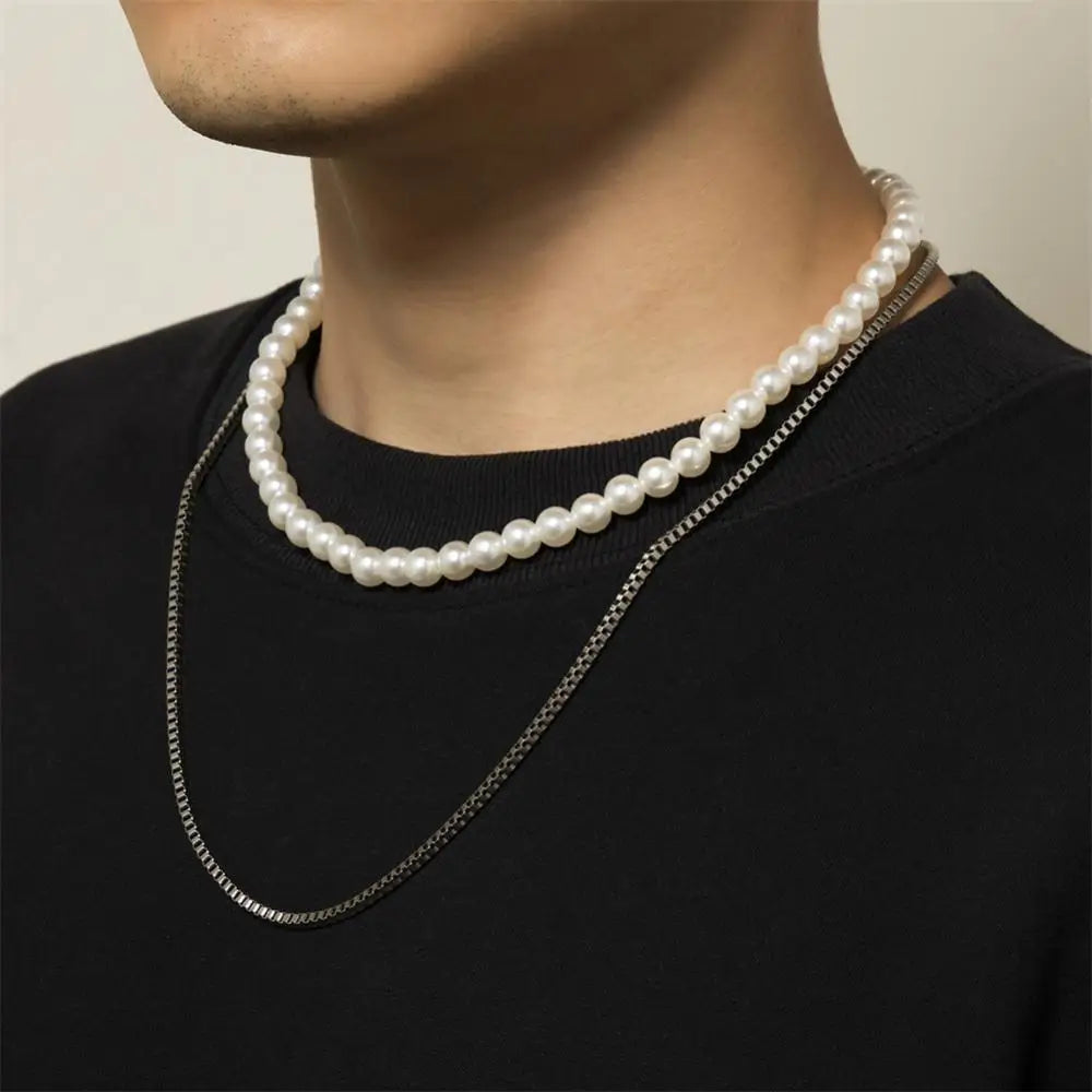 New Fashion Imitation Pearl Necklace Men Handmade Multiple Width Stainless Steel Cuban Chain Necklace For Men Jewelry