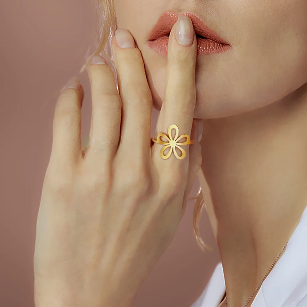 Flower Ring Stainless Steel Gold Color Finger Rings Women Girls Aesthetic Bohemian Jewelry Birthday Gift Wholesale