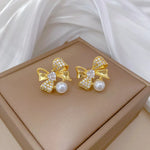 Classic Stainless Steel Gorgeous Pearl Bow Necklace Earrings Fashionable and Exquisite Temperament Evening Accessories
