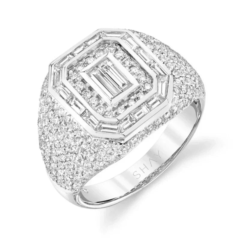 Men's copper rings in a trendy hip hop style featuring iced out bling pave cubic zirconia and geometric ring charms are available.