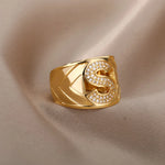 Chunky Wide Zircon Initial Letter Rings For Women Stainless Steel Opening Finger Ring Hip Hop Minimalist Jewelry Gift Femme