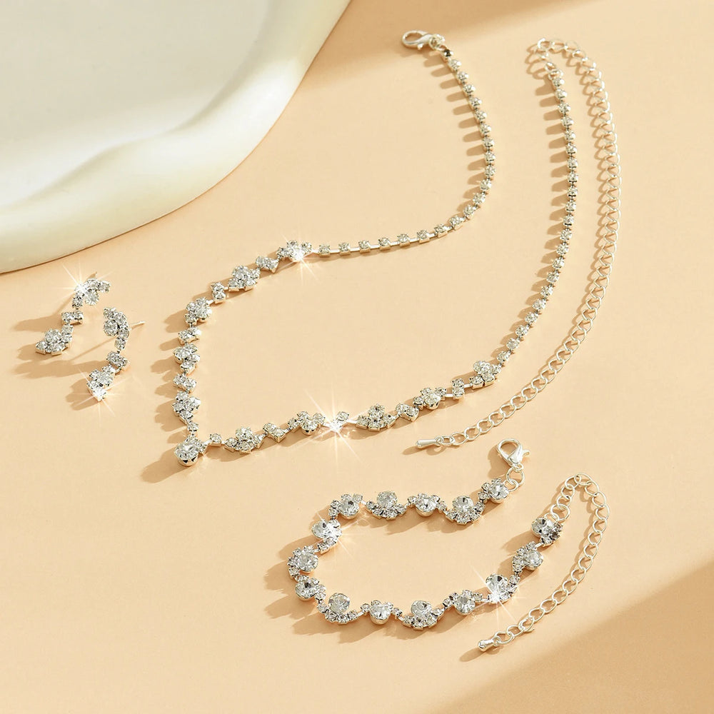 Simple silver color Rhinestones Wedding Jewelry Sets for Women Crystal Necklace Earrings Bracelet Bridal Jewelry Sets