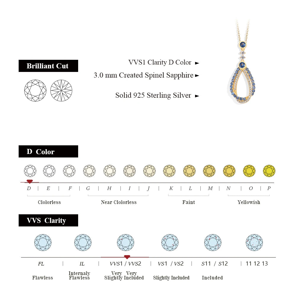 CHARMING Full Moissanite Diamond Necklaces Created Blue Spinel 925 Sterling Sliver for Women Gold Plated Party Fine Jewelry New