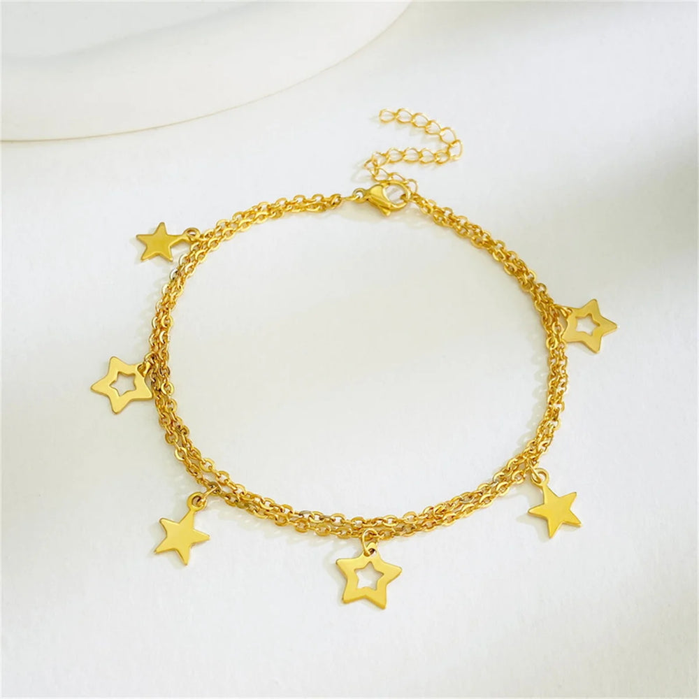 Stainless Steel Gold Color Star Anklets For Women Summer Beach Jewelry Words 8 Love Heart Green Zircon Foot Chain Ankle Bracelet