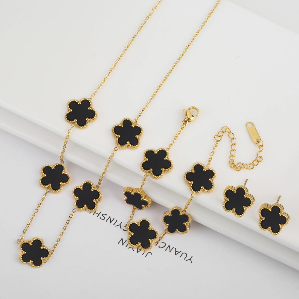 Hot Selling Plum Blossom Plant Five Leaf Flower Jewelry Set Bracelet Necklace Earrings Women Stainless Steel High Quality Clover